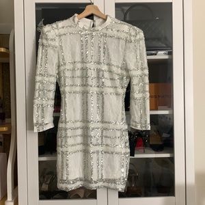 Lulus Small White Laces and Silver Sequined 3/4 Sleeve Dress